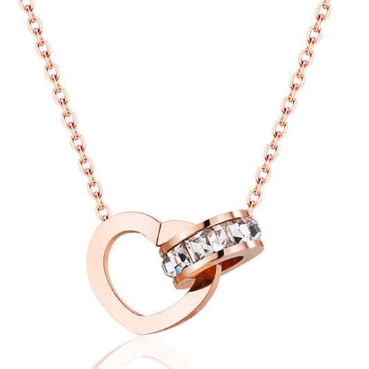 rose gold plated stainless steel circle love heart two interlocked necklace women jewelry