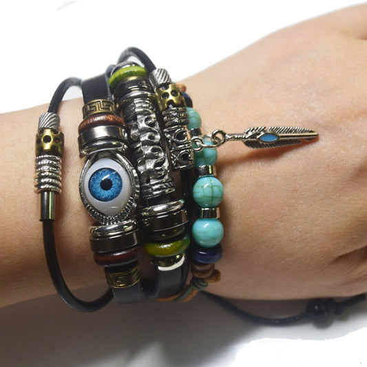 Fashion leather design multi layers d-evil eye charm good luck bracelet unisex