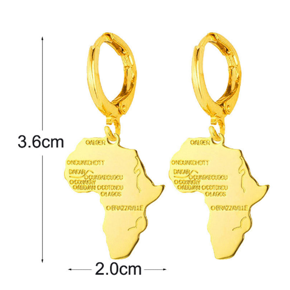 fashion brass gold african map shape print dangle drop earrings jewelry for women