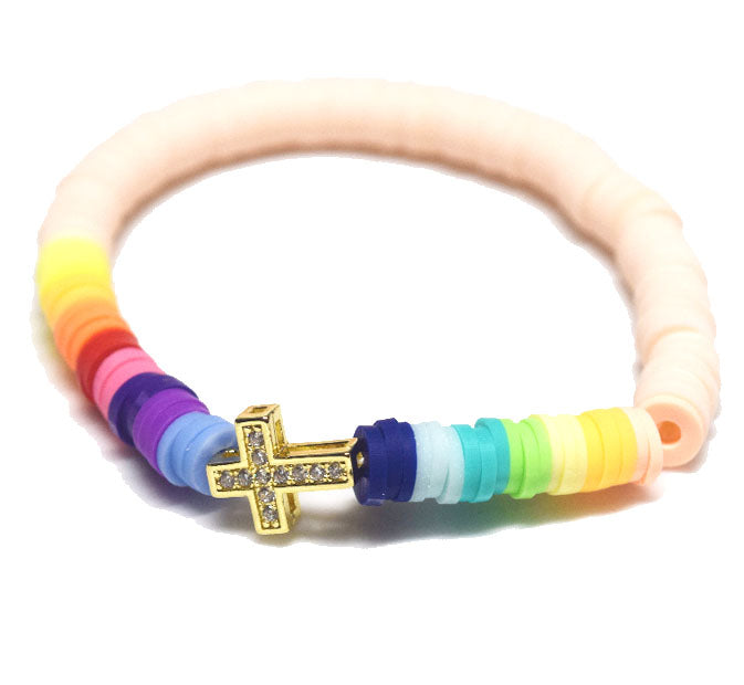 bohemian soft clay polymer brass metal cross star heart Fatima hand charms elastic cord bracelet stackable bracelets rainbow