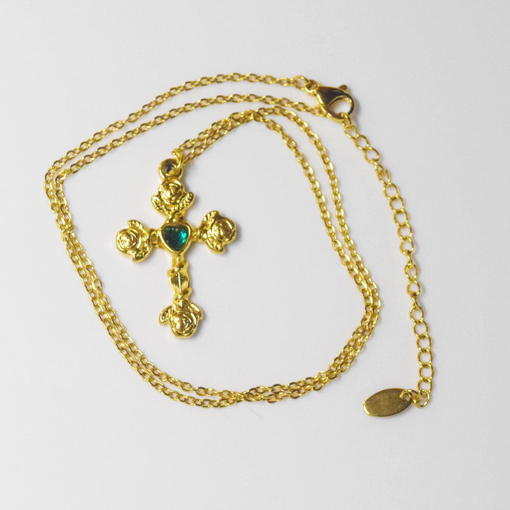 wholesale stainless steel rose flower cross charm cubic zircon zirconua emerald pendant chain necklace for women