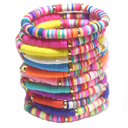 handmade bohemian fashion soft clay polymer brass metal spacer beads rainbow elastic cord bracelet stackable bracelets women