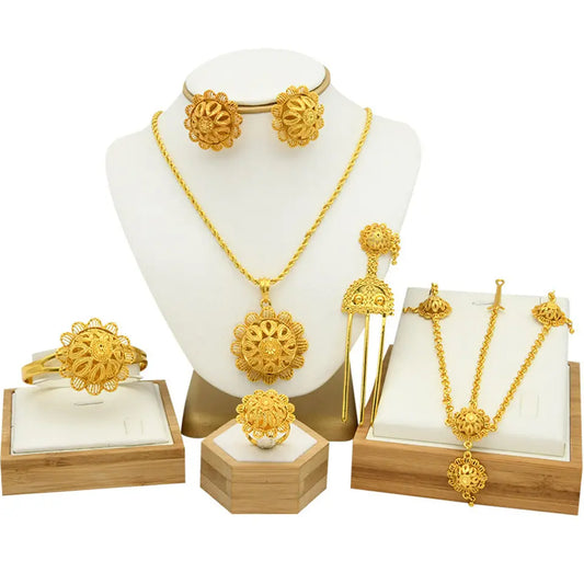 traditional brass alloy traditional ethiopian 24k gold plated jewelry set statement necklace bracelet earring headwear 6pcs pack