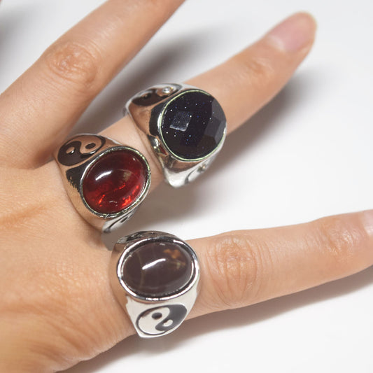 brass alloy with precious crystal natural stone yinyang ring men finger rings jewelry