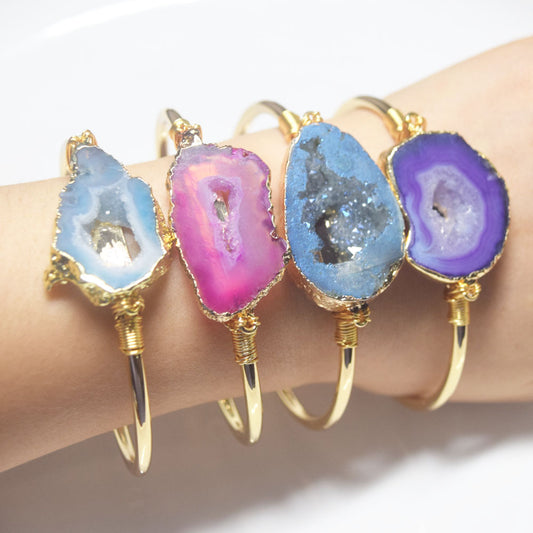 brass alloy natural druzy agate stone charm open cuff design bangle bracelet women boho women