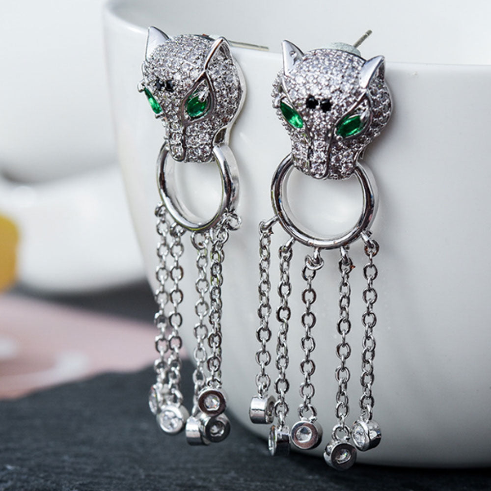Korea animal 925 sterling silver pin brass with 18k white gold plated cubic zirconia panther leopard hoop tassel earring jewelry
