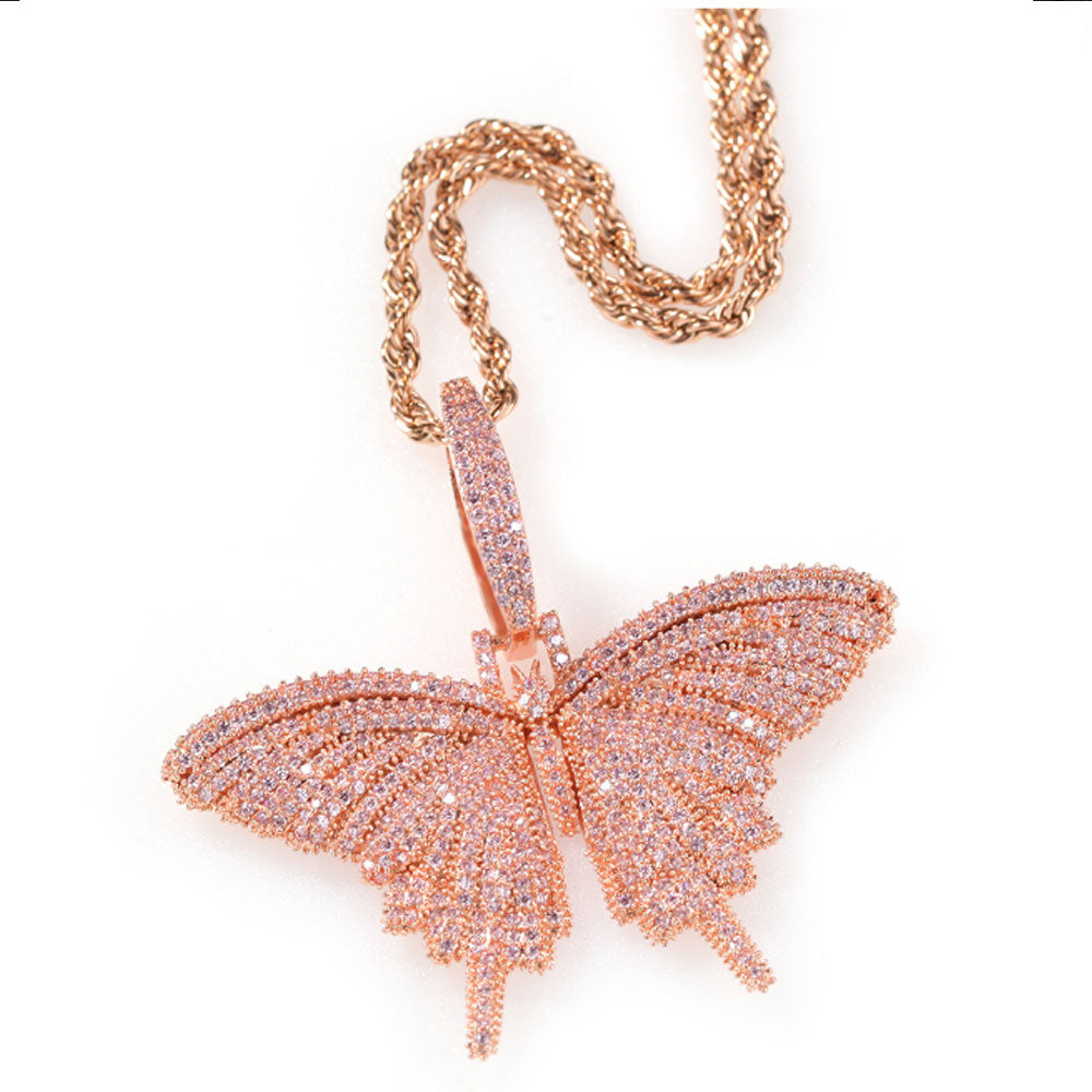 wholesale robe rope chain gold rose gold silver plated alloy cubic zirconia zircon beads micro paving bling butterfly iced necklace
