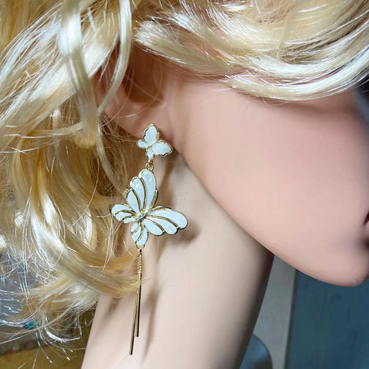 Wholesale long tassel earrings fashion jewelry enamel white black butterfly dangle drop hoop butterfly earring women