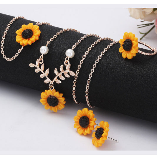 fashion hot selling yellow sunflower necklace bracelet earring set resin
