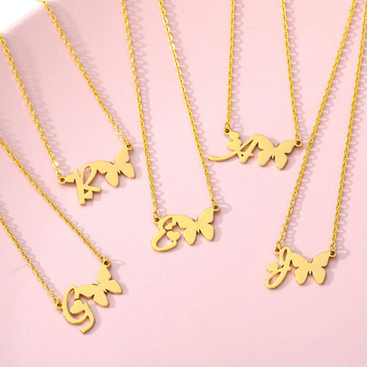 women stainless steel gold plated letter necklace initial with butterfly