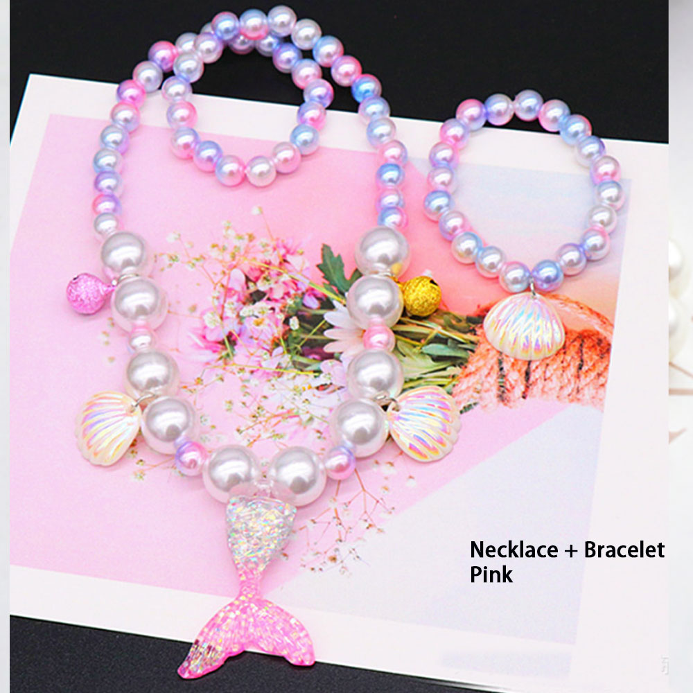 wholesale glass pearl beads pink and blue kids jewelry Girls Christmas Beads mermaid pendant jewelry sets for children