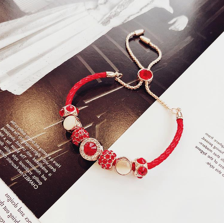 Fashion PU Leather Zircon Red Good Luck Adjustable Clasp good luck Bracelet for lady Women