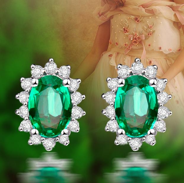 Wholesale brass alloy with silver plated green emerald zircon stone stud earring jewelry women earrings