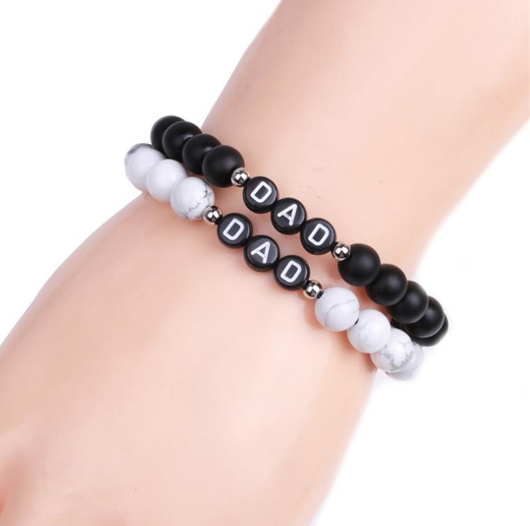 Natural Howlite and black onyx Gem-stone beaded Dad charm Father's Day gift bracelet