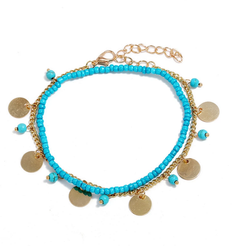 Double layer Blue glass seed beads turquoise stone beads silver and gold metal chain copper anklet beach jewelry