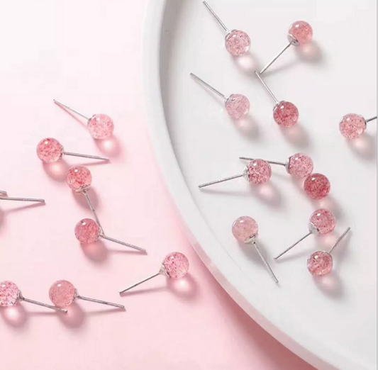 sterling silver pin round Natural Strawberry Quartz stone bead stud earring s925 Korean for women