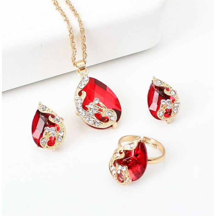 Glass Rhinestone crystal water drop collection jewelry necklace and earring ring sets wholesale wedding jewelry women