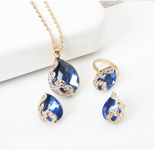 Glass Rhinestone crystal water drop collection jewelry necklace and earring ring sets wholesale wedding jewelry women