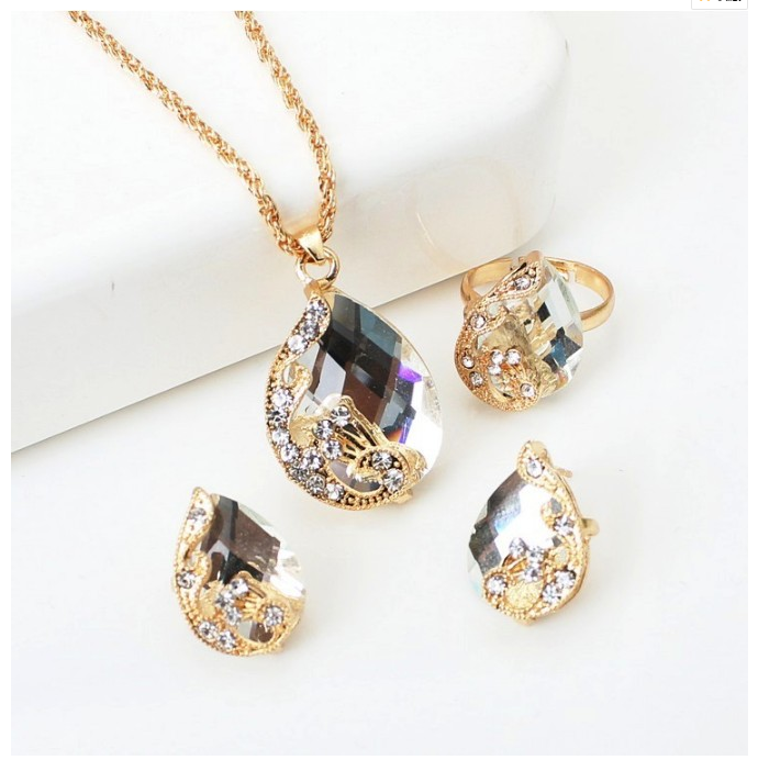 Glass Rhinestone crystal water drop collection jewelry necklace and earring ring sets wholesale wedding jewelry women
