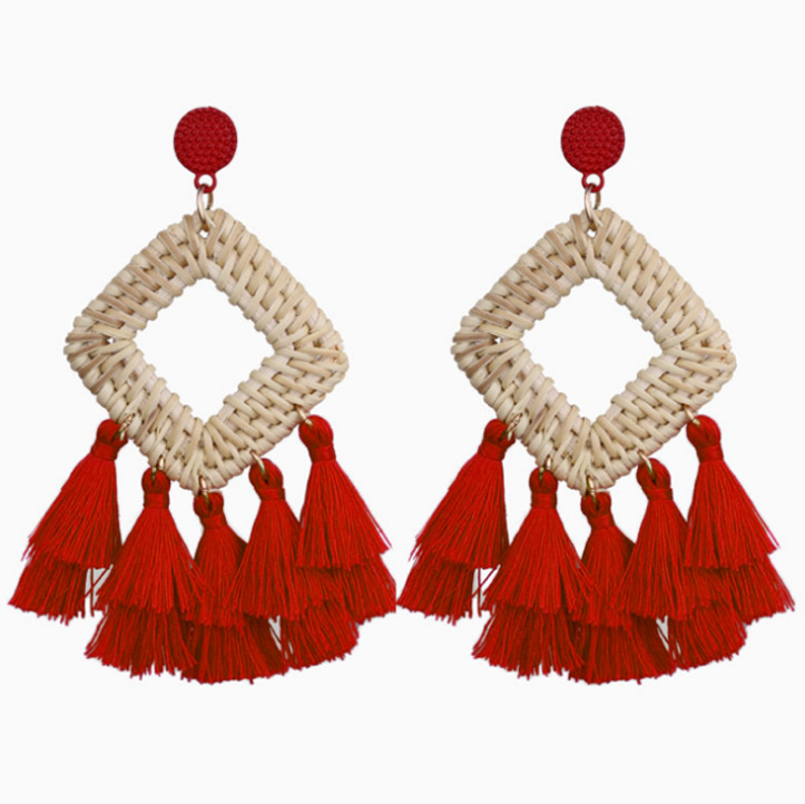 Fabric Tassel Rattan dangle bohemian Earrings Handmade Woven Earring Jewelry