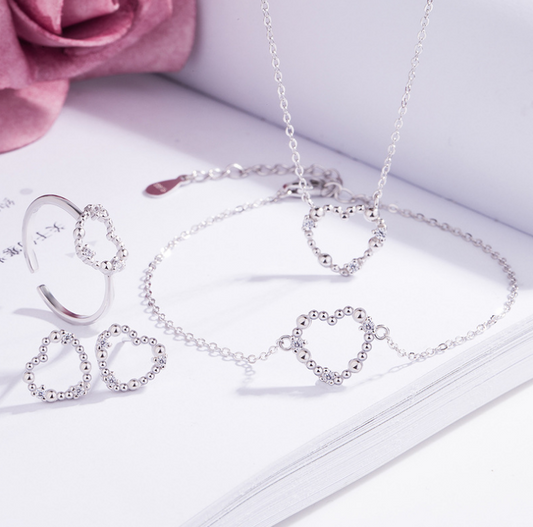 modern minimalist jewelry sterling silver heart pendant earings bracelet ring and necklace set for bridesmaid or daily wearing