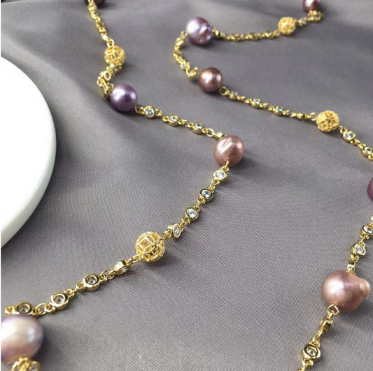 14K gold filled long chain Luxury baroque fresh water pearl beads 9-10MM necklace jewelry