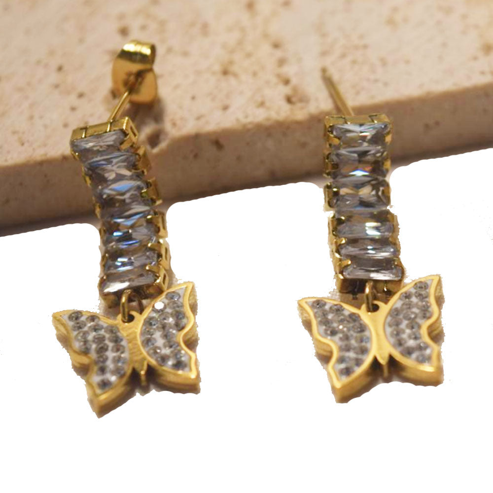 wholesale stainless steel gold plated zircon chain butterfly square dangle tassel style earring women manufacturer supplier