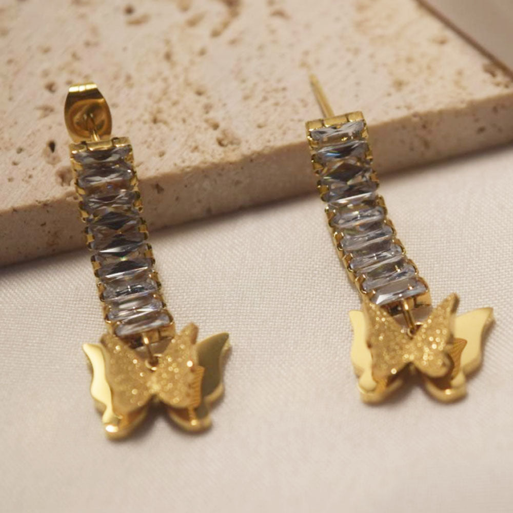 wholesale stainless steel gold plated zircon chain butterfly square dangle tassel style earring women manufacturer supplier