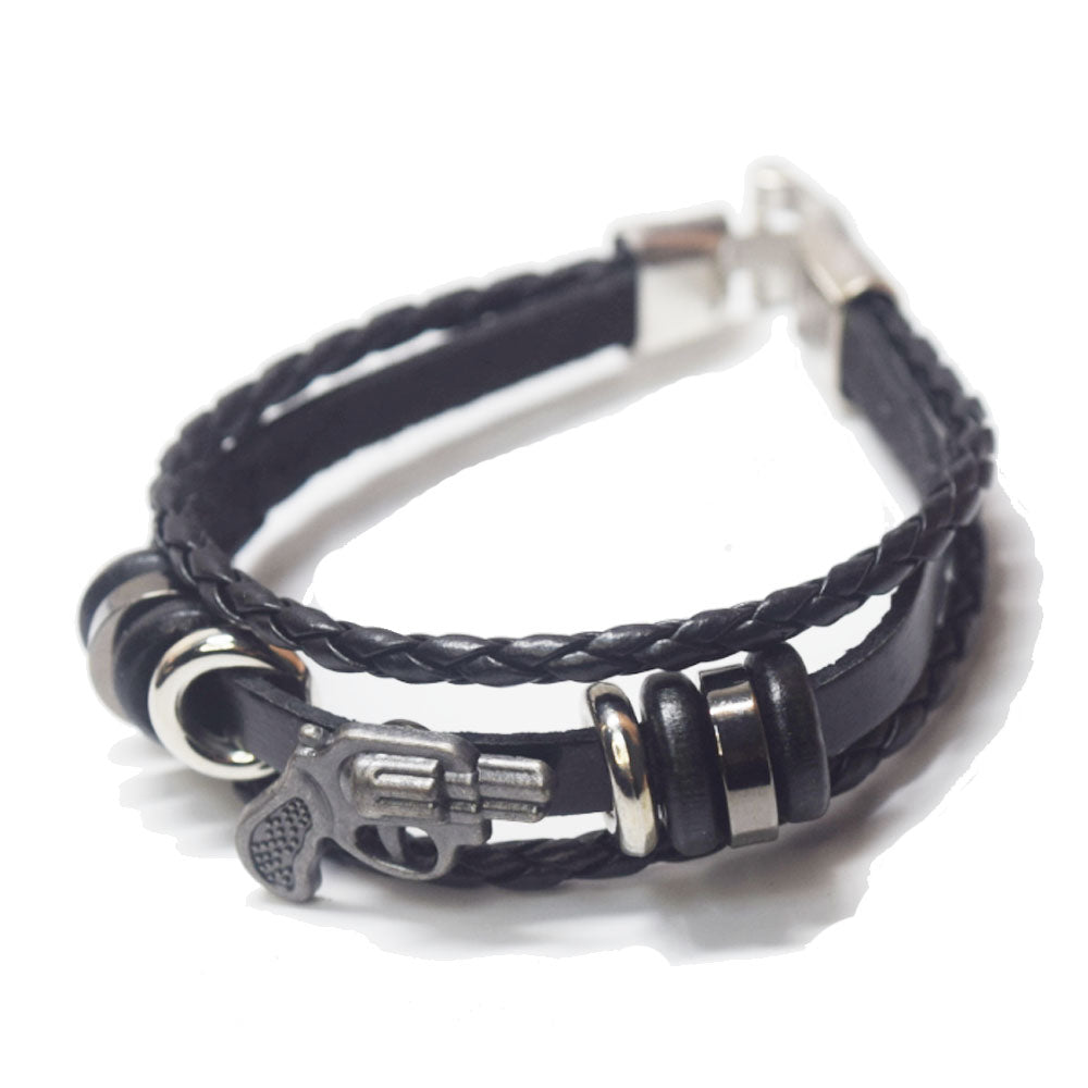 custom alloy and pu leather 21cm 1.5cm wide goth gun charm 3 layers leather bracelet men bracelet homme supplier