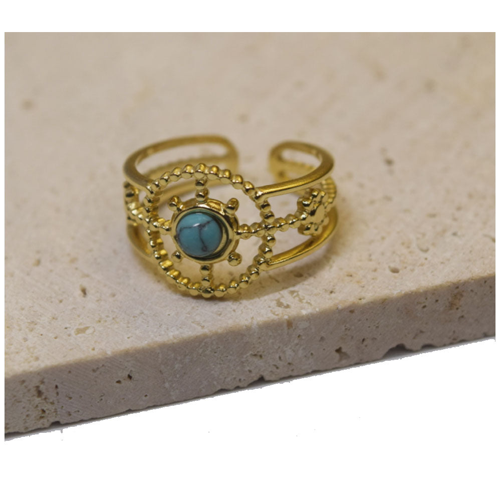 bulk waterproof chic eternity stainless steel gemstone paved turquoise 14k gold plated finger ring jewelry open cuff rings