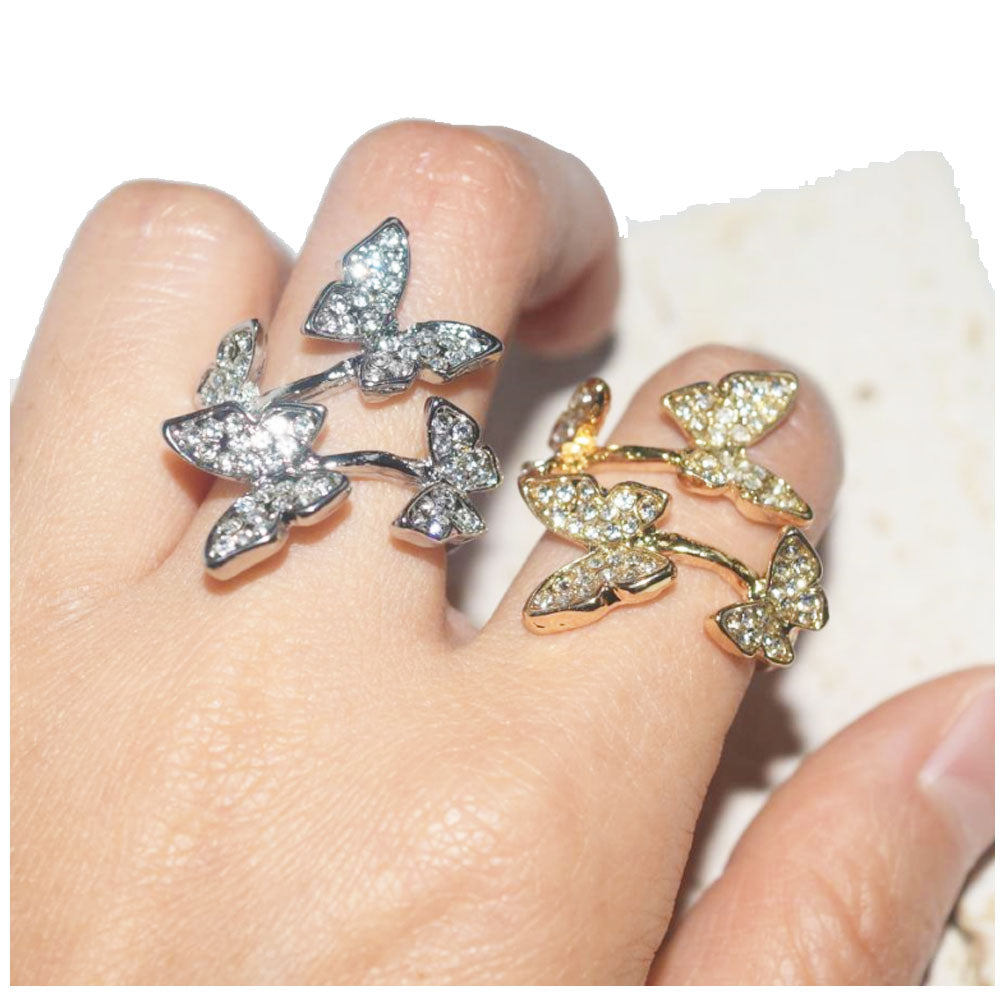 Trendy Fashion Party Open Rings Jewelry Silver Rose Gold Diamond Cuff Ring Adjustable Butterfly Ring china manufacturer supplier