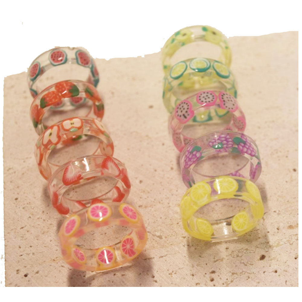 Wholesale Korean style chunky design candy color resin acrylic plastic crystal fruit charm finger rings jewelry ring supplier