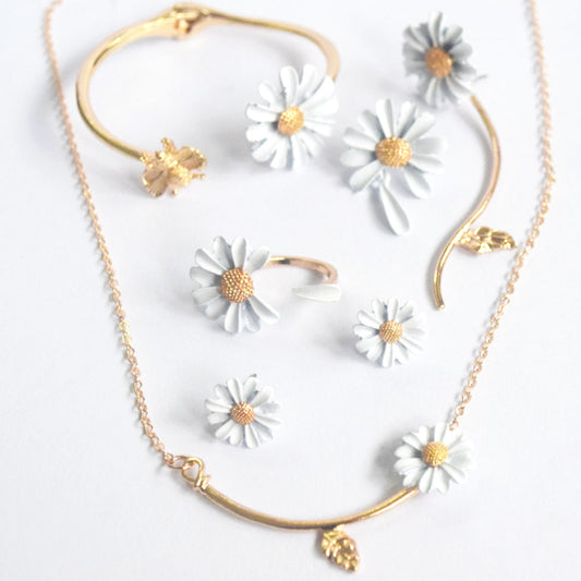 wholesale fashion brass alloy daisies daisy flower necklace earring bangle finger ring jewelry set jewelries supplier