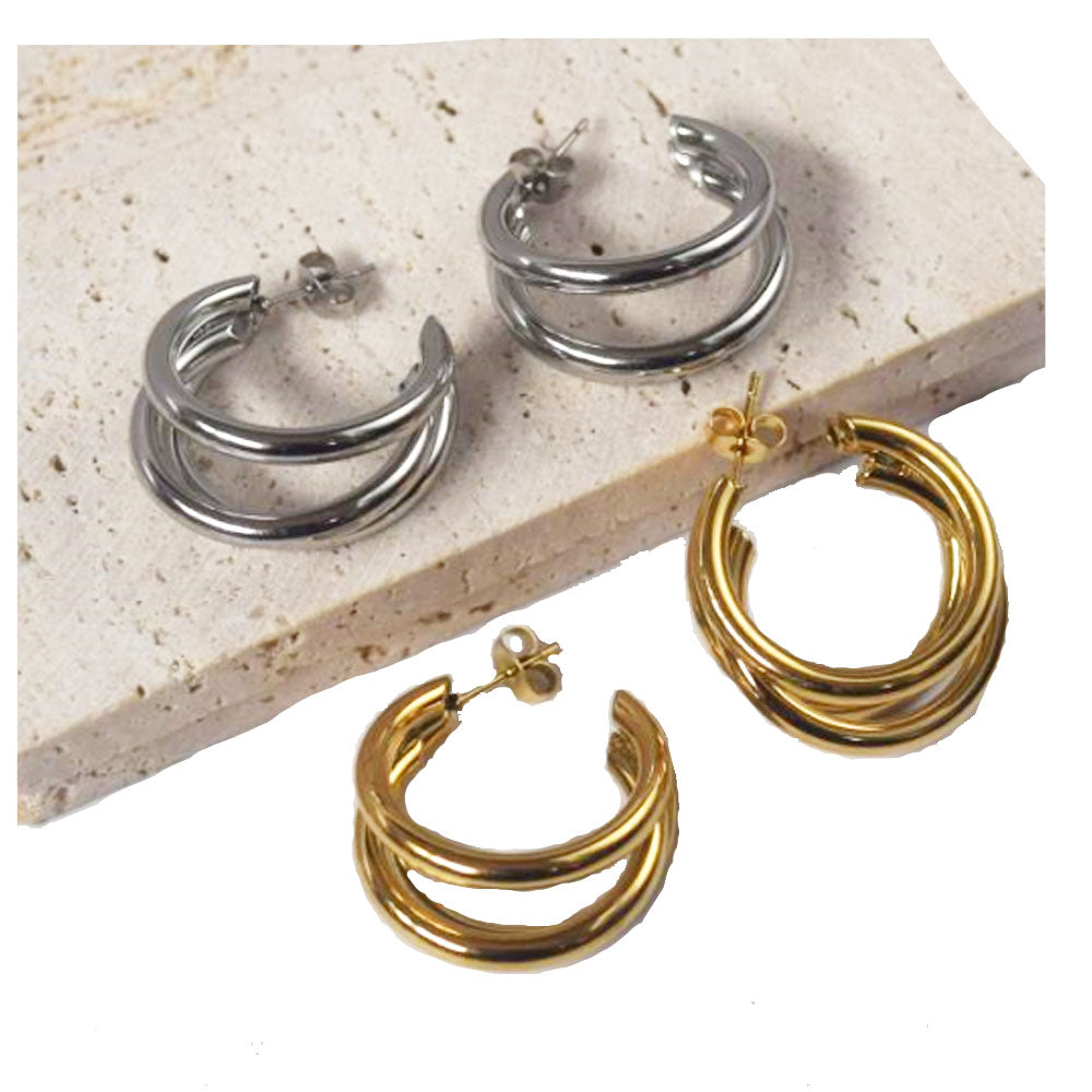 wholesale stainless steel 3 wire half triple hoops 25mm 30mm gold earrings jewelry for women men China manufacturer factory supplier