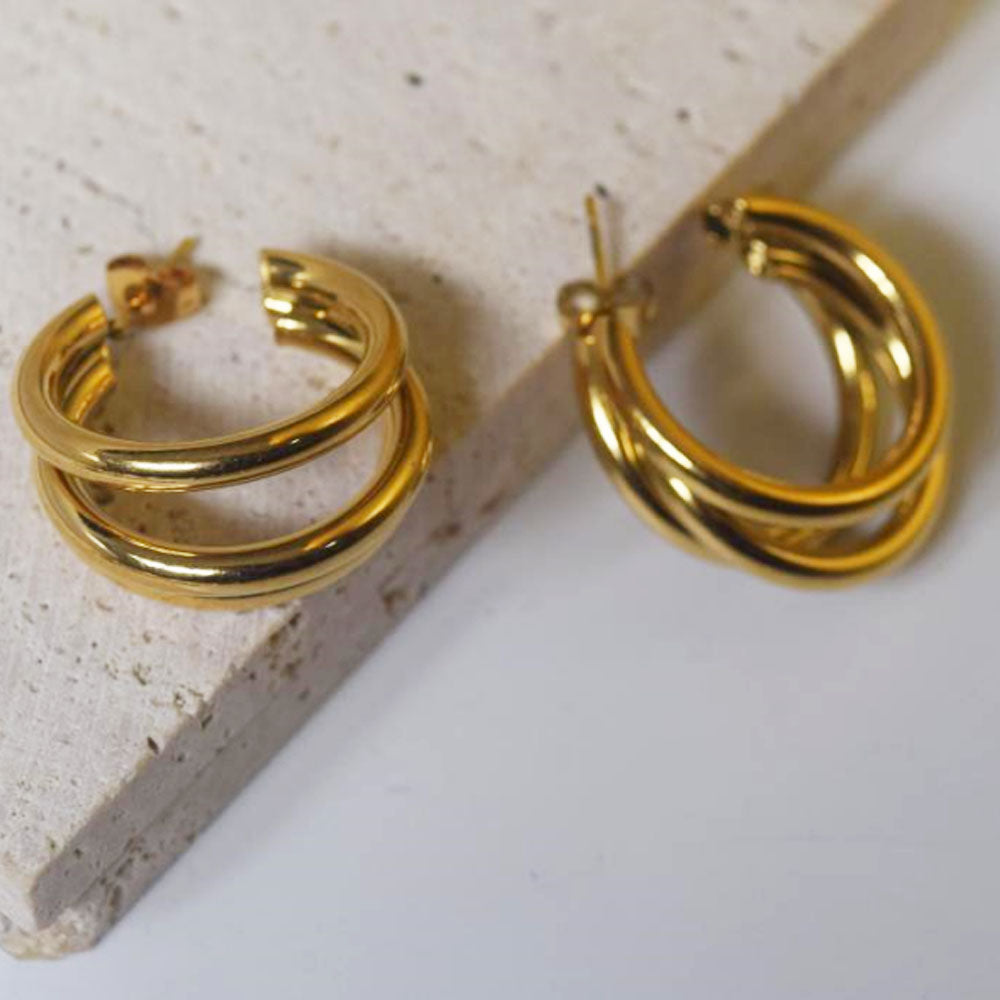wholesale stainless steel 3 wire half triple hoops 25mm 30mm gold earrings jewelry for women men China manufacturer factory supplier