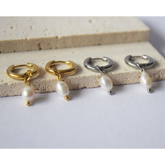waterproof stainless steel 18k gold plated freshwater pearl bead huggie pendant dangle drop earring women jewellery