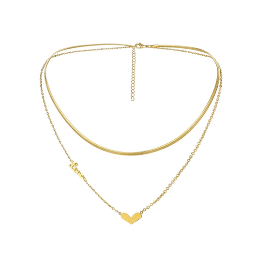 fashion stainless steel gold plated double layers heart charm love you letters double layers chain necklace women