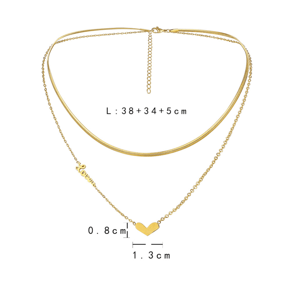 fashion stainless steel gold plated double layers heart charm love you letters double layers chain necklace women