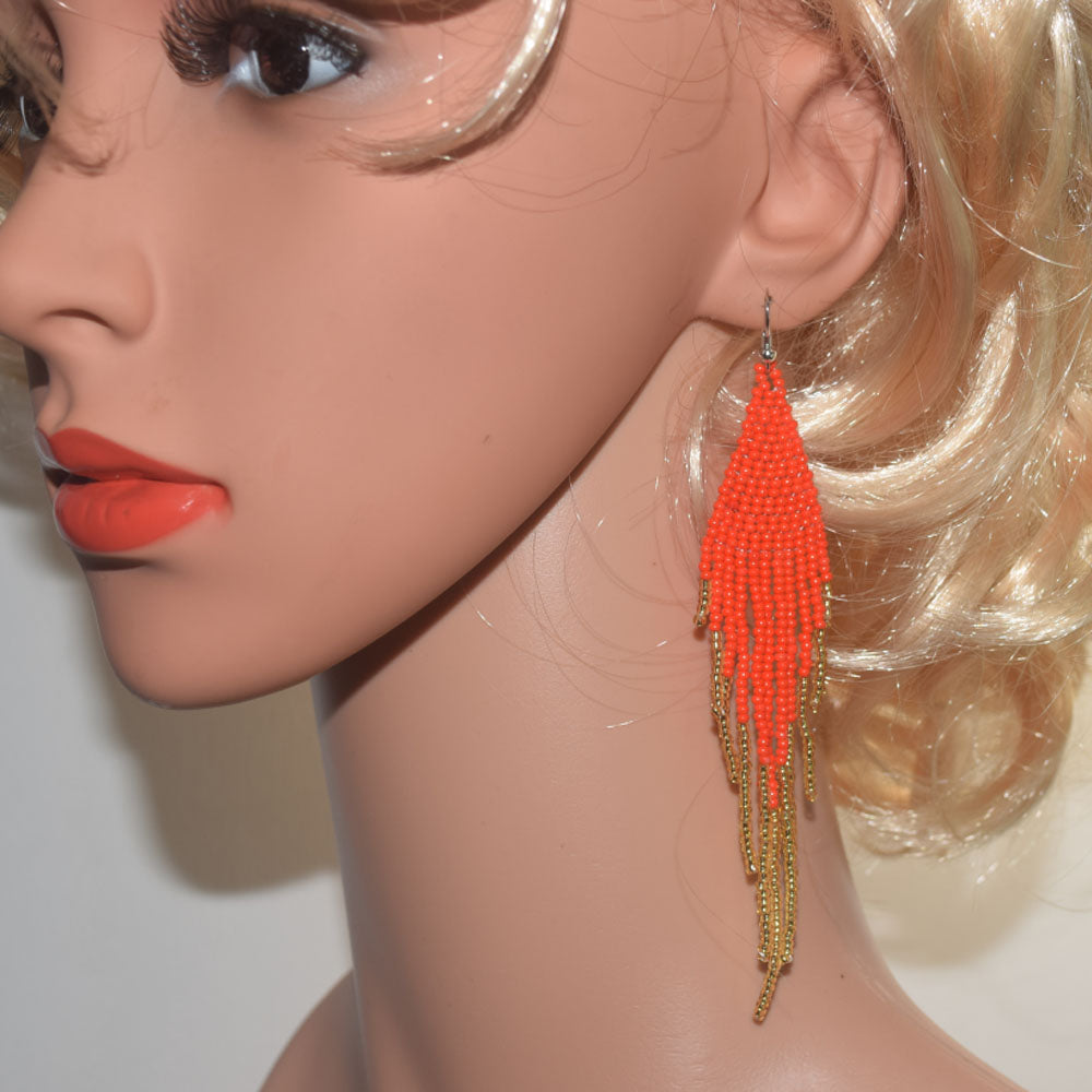 wholesale beads beaded red extra long tassel fringe boho glass seed bead drop dangle earrings for women colorful jewelry