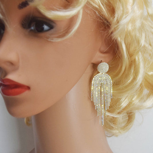 glitter korean style 925 silver pin 14k gold plated high quality zircon diamond beads long tassel drop party earrings for women