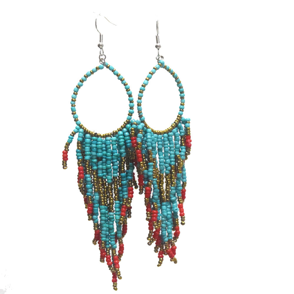 African Glass seed beads beaded hoop tassel statement extra long bohemian boho beads drop dangle earrings colorful for Women
