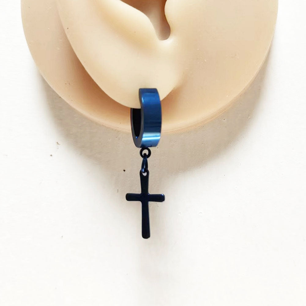 3cm long small vintage stainless steel gold steel black colorful and blue simple cross jesus christian earring for boys and men