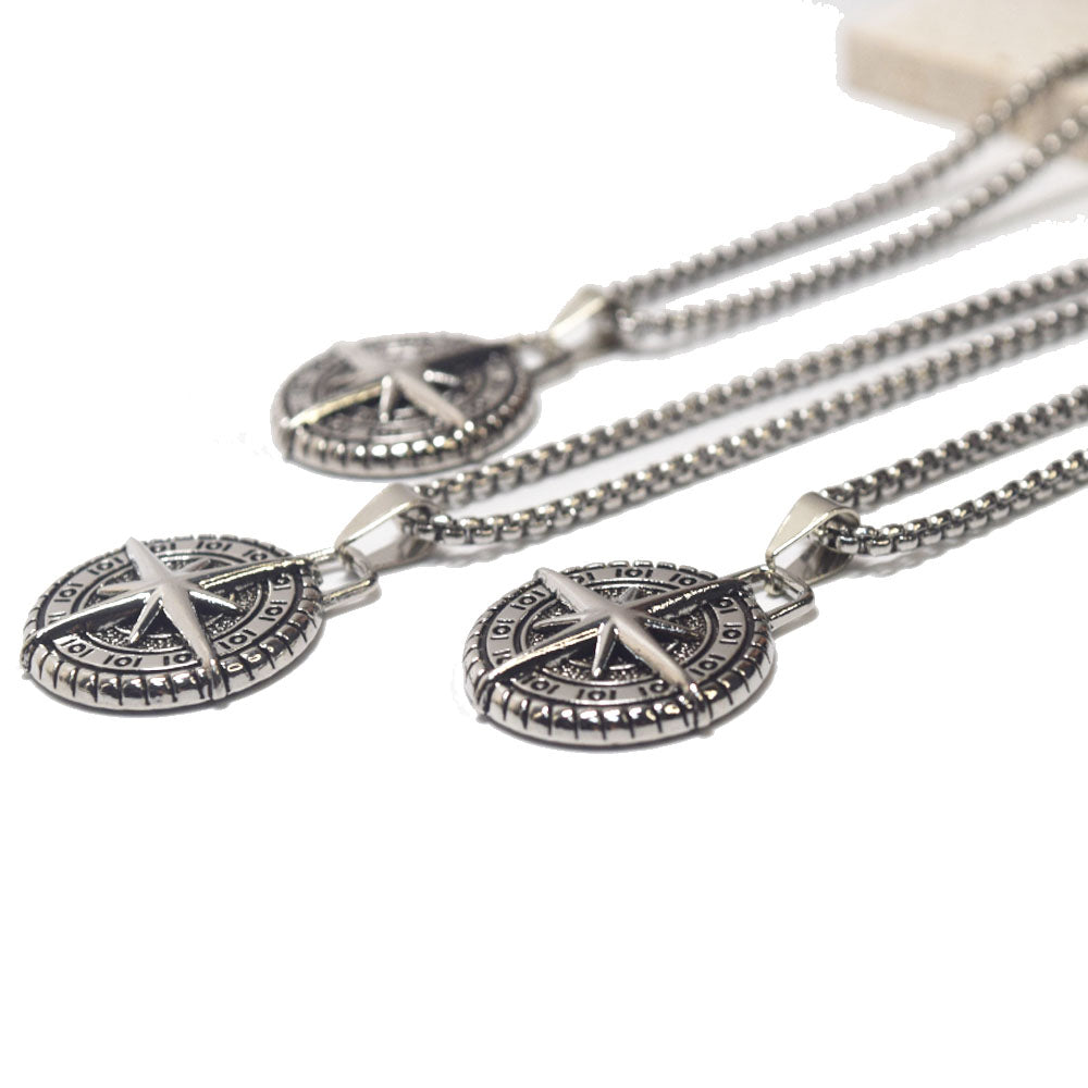 ancient silver stainless steel chain men brass alloy compass medal coin pendant necklace jewelry