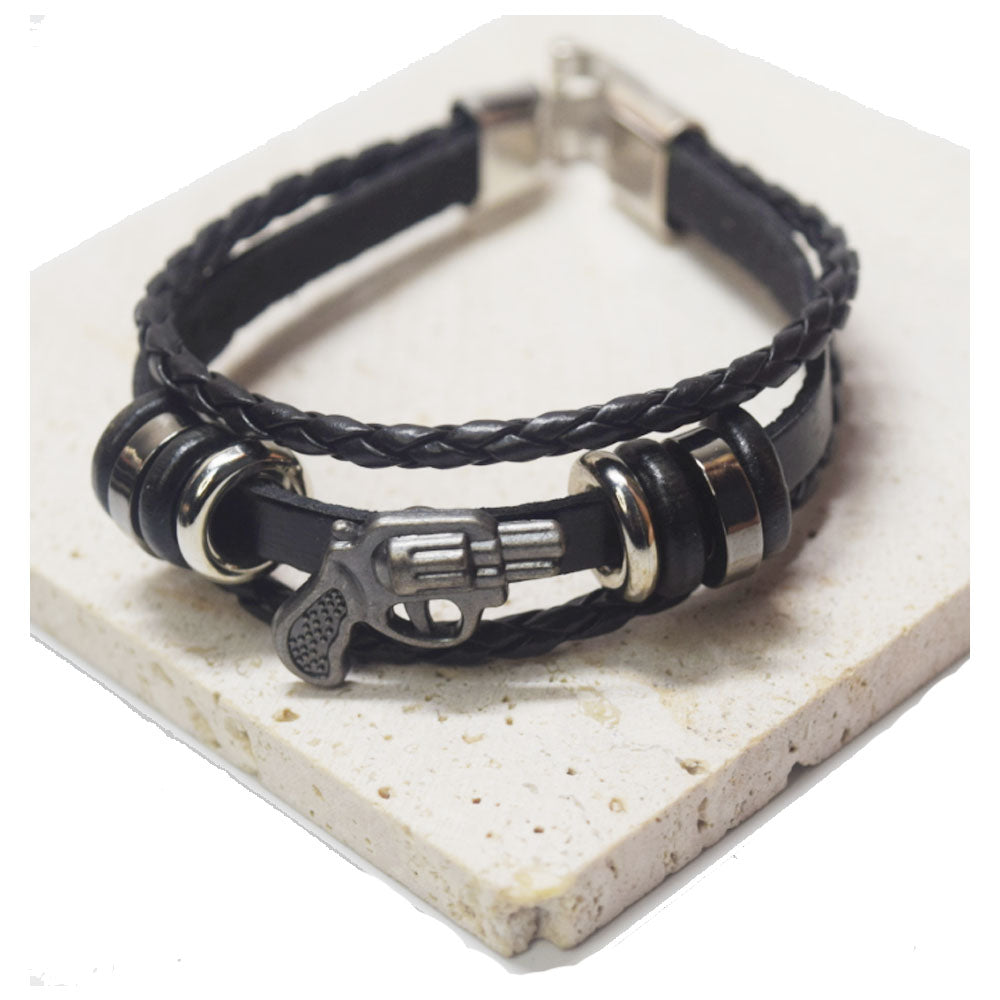 custom alloy and pu leather 21cm 1.5cm wide goth gun charm 3 layers leather bracelet men bracelet homme supplier