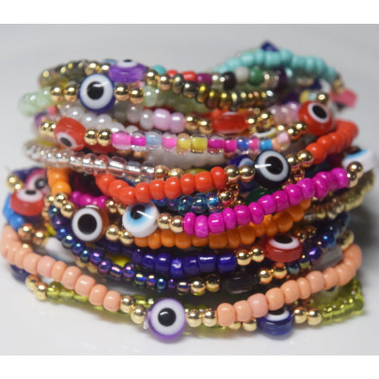 bohemian style stackabele handmade glass rice seed beads beaded elastic devil eye bead charm bracelet jewelry