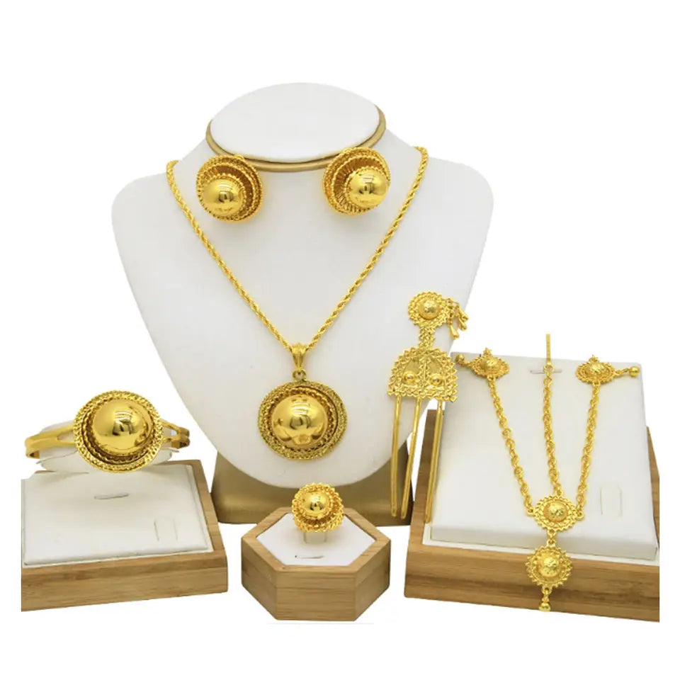 traditional brass alloy traditional ethiopian 24k gold plated jewelry set statement necklace bracelet earring headwear 6pcs pack
