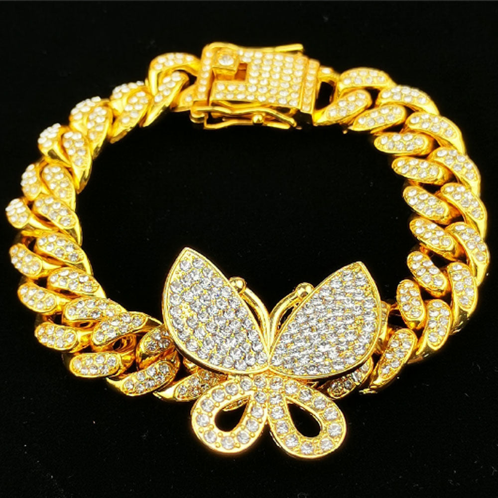cheap 12mm wide hip hop iced ice out rhinestone diamond cuban link butterfly bracelet jewelry