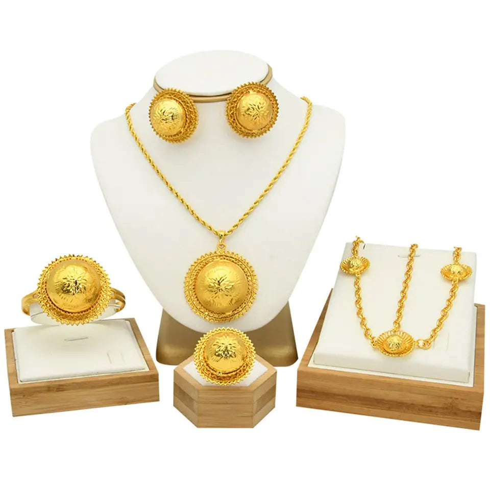 traditional brass alloy traditional ethiopian 24k gold plated jewelry set statement necklace bracelet earring headwear 6pcs pack