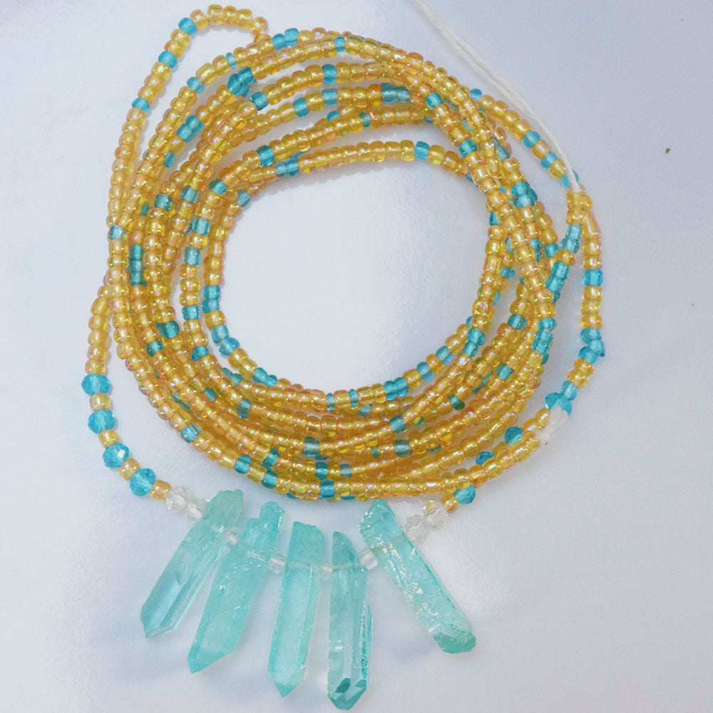 natural plating blue long crystal stone chip weightloss double string cotton tie on african waist beads belly chain body jewelry