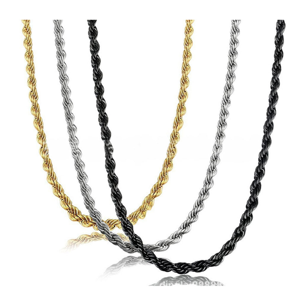 wholesale stainless steel gold silver black and silver twist twisted chain necklace or for pendant 3mm thick full lengths